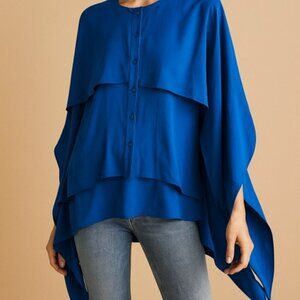 Prabal Gurung Blouse 8  Blue Asym Button Down  Draped‎ Sleeve  Designer